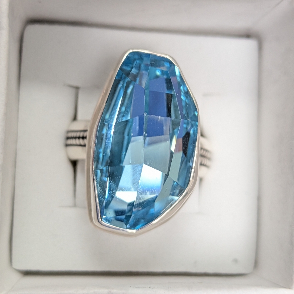 Unique Asymmetric Sterling Silver and Blue Topaz Ring